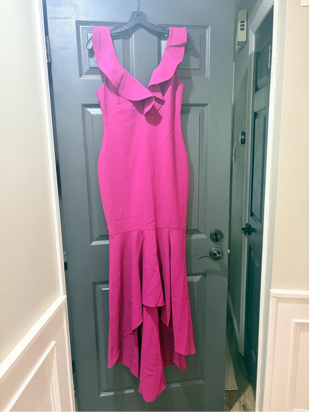 Likely Fuchsia Ruffle V-Neck High-Low Mermaid Dress